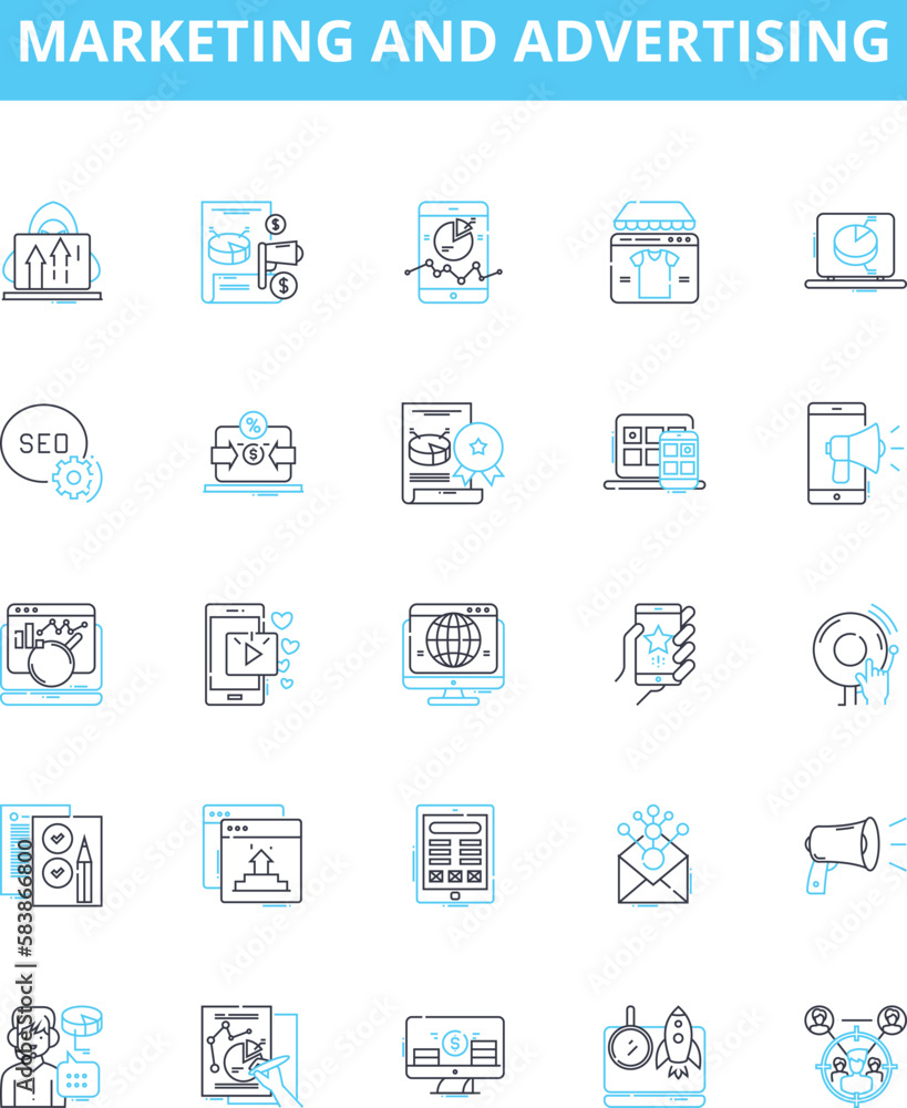 Marketing and advertising vector line icons set. Marketing, Advertising, Promoting, Branding, Publicizing, Targeting, Strategizing illustration outline concept symbols and signs