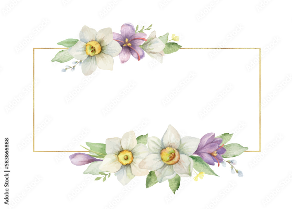 Watercolor vector golden frame with flowers and leaves.