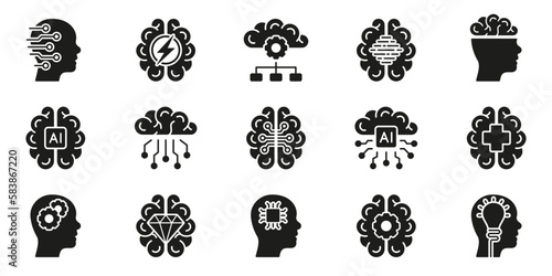 Brainstorm, Human Mind, Stress, Artificial Intelligence Solid Symbol Collection on White Background. Human Brain and AI Concept Black Silhouette Icon Set. Isolated Vector Illustration