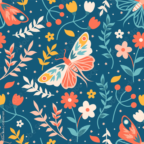Whimsical spring seamless pattern.Fun Moon Moth. Mystery luna print with butterfly, herbs and flowers.Bloomy boho graphic. Celestial floral folk art, vintage bohemian fabric.