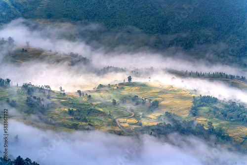 Admire the beautiful terraced fields in Y Ty commune, Bat Xat district, Lao Cai province northwest Vietnam on the day of ripe rice harvest.