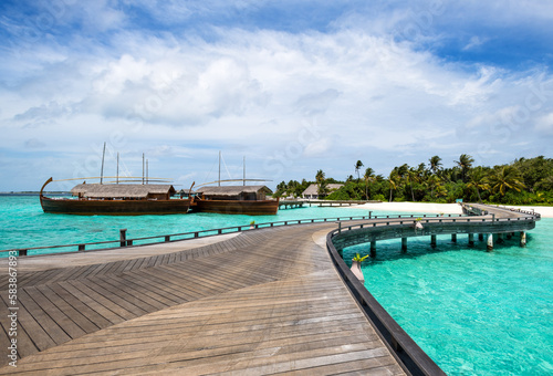 A wooden jetty, Baa Atoll, Maldives, Indian Ocean