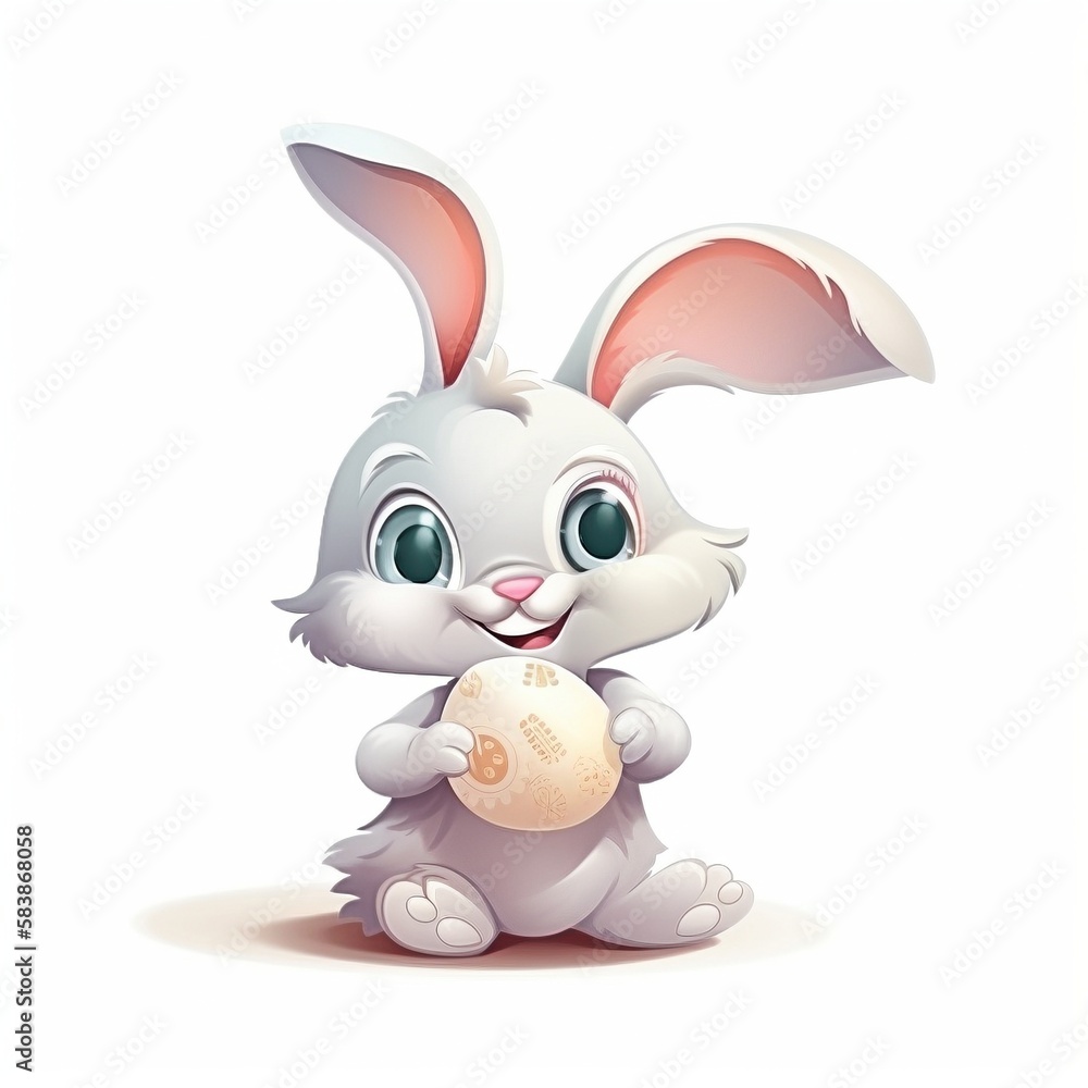 Cute Cartoon Easter Bunny holding an Egg, Generative AI