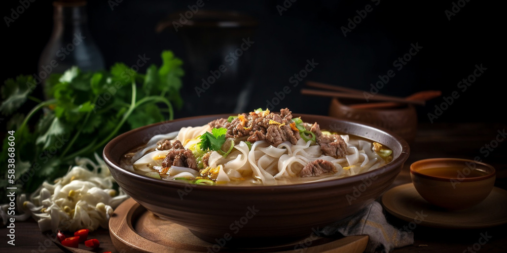 A bowl of Kuay Tiew, rice noodle soup with beef and bean sprouts generated by AI A bowl of Kuay Tiew, rice noodle soup with beef and bean sprouts generated by AI
