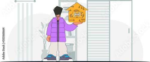 Man seated on ground, brandishing Internet of Things logo, in modern vector fashion.
