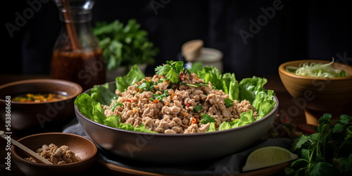 A dish of Larb Gai, spicy minced chicken salad generated by AI