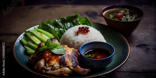 A plate of Gai Yang, grilled chicken with sticky rice and dipping sauce generated by AI photo