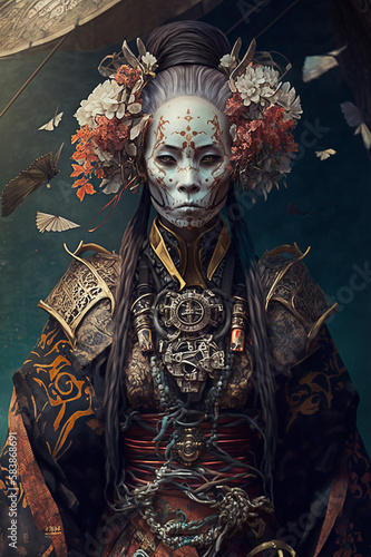 Fantasy Concept Art | Skull masked beautiful geisha warrior of the nomadic island tribes from the Oceanian seas, wearing intricate formal kimono style armour. Ai