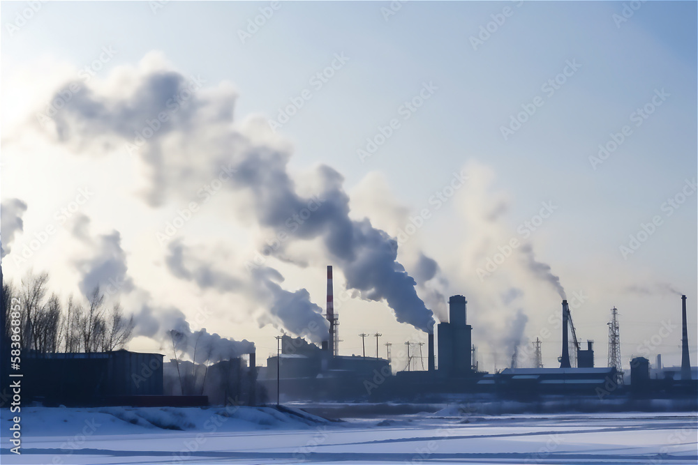 The poisonous smoke released by factories is polluting the atmosphere. winter sky with smoke pipes