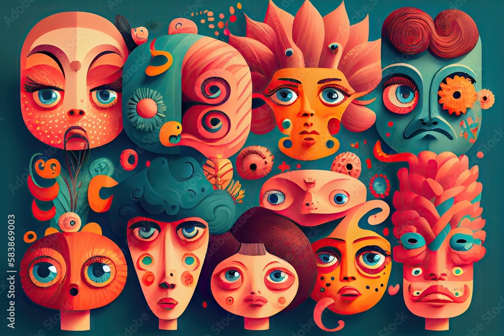 collection of playful, whimsical faces with exaggerated features and ...
