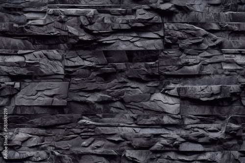 Old black stone brick wall seamless texture. Abstract dark grunge 3d rendering of tile background. Generative AI
