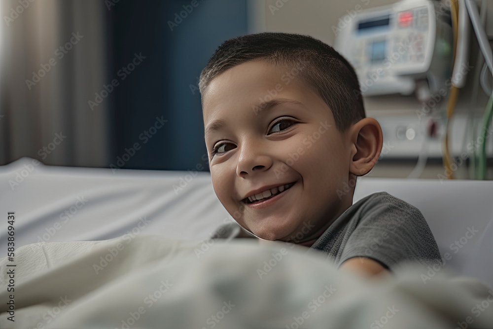Happy smiling boy in hospital bed where he is receiving treatment care created with Generative AI technology Happy smiling boy in hospital bed where he is receiving treatment care created with Generative AI technology