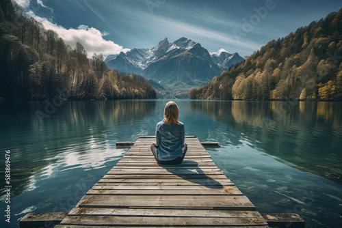 Beautiful woman sitting on the dock and meditate. Generative AI. © Jasmina