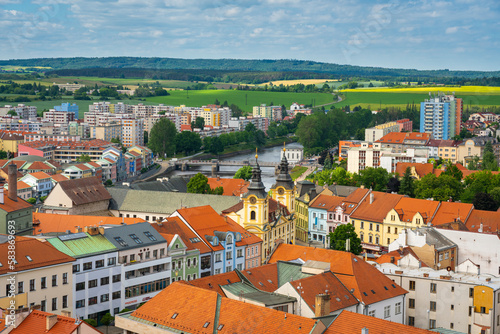 Elevated view of Pisek city center and town hall, Pisek