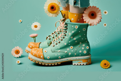 Fresh spring field flowers with woman footwear boots laceup isolated on background. Generative AI. photo
