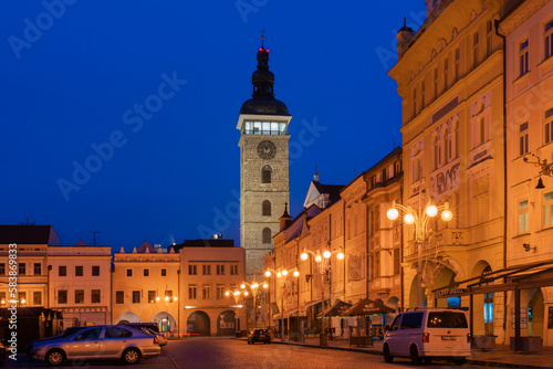 Black Tower of Ceske Budejovice and Namesti Premysla Otakara II at twilight, South Bohemian Region photo