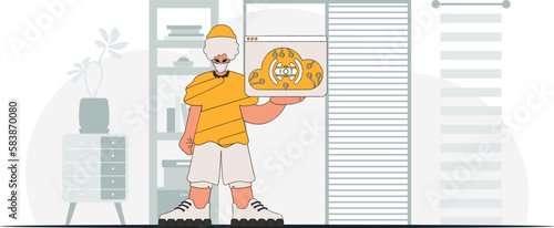 Man on ground clutching an IoT symbol, illustrated in contemporary style.