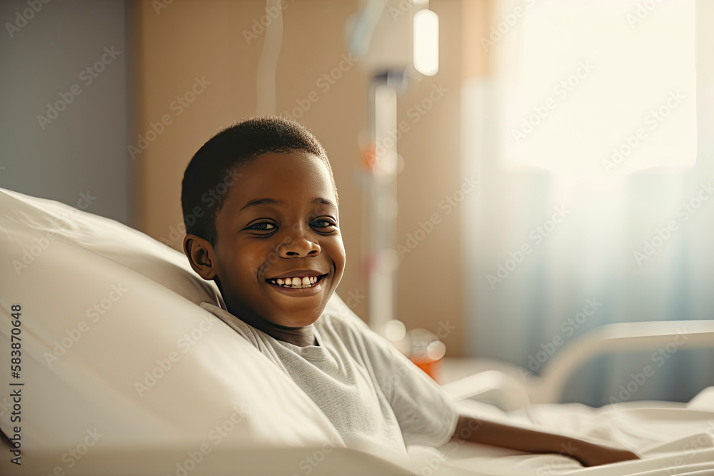 Happy smiling boy in hospital bed where he is receiving treatment care created with Generative AI technology Happy smiling boy in hospital bed where he is receiving treatment care created with Generative AI technology