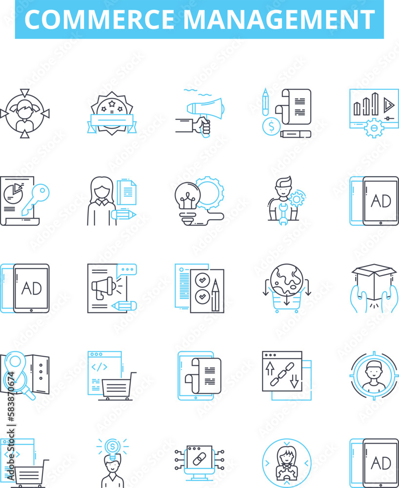 Commerce management vector line icons set. Commerce, Management, eCommerce, Business, Trade, Logistics, Retail illustration outline concept symbols and signs Commerce management vector line icons set. Commerce, Management, eCommerce, Business, Trade, Logistics, Retail illustration outline concept symbols and signs