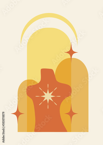 Abstract decorative background with bust in boho style. Arch illustration. Contemporary geometric composition.