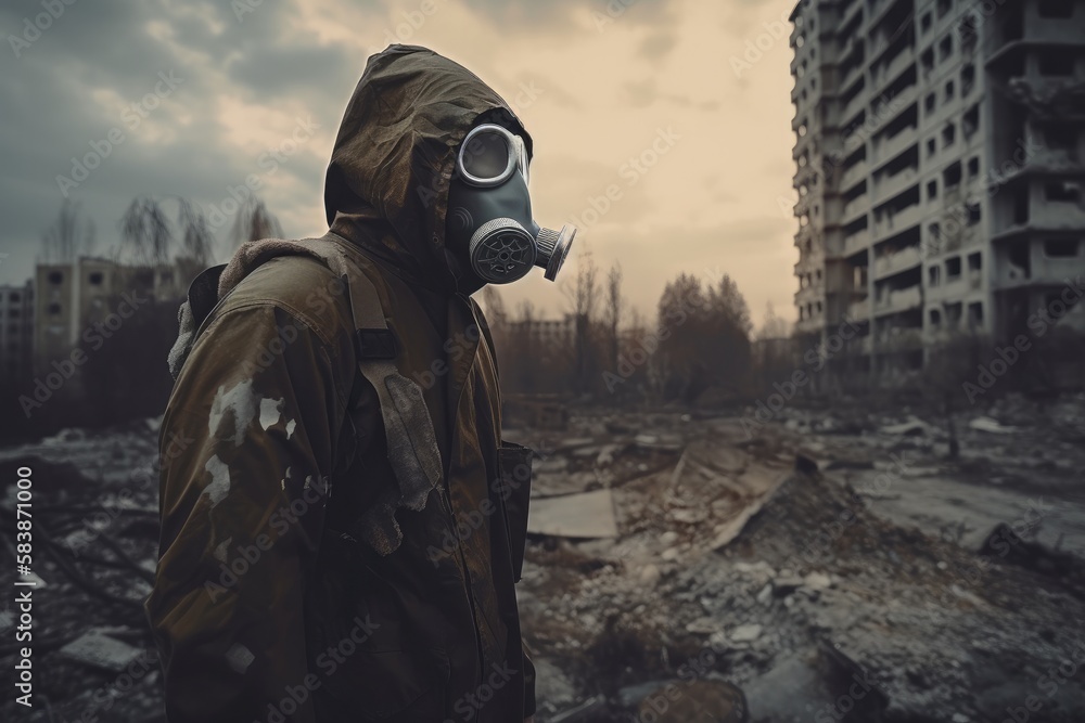 Man with gas mask in polluted industrial landscape Generative AI Man with gas mask in polluted industrial landscape Generative AI