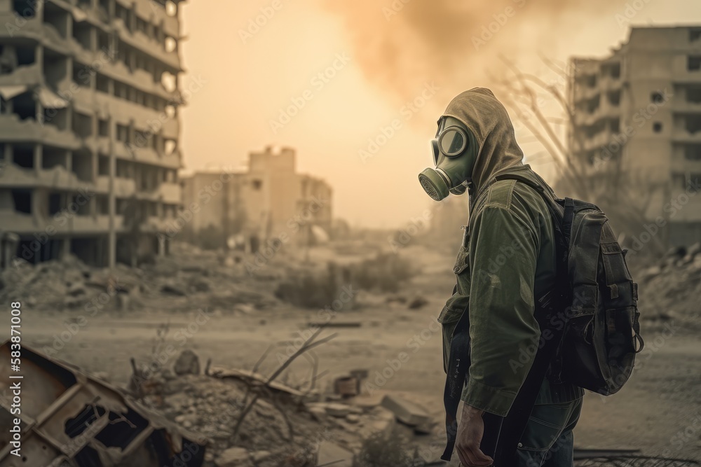 Man with gas mask in polluted industrial landscape Generative AI Man with gas mask in polluted industrial landscape Generative AI