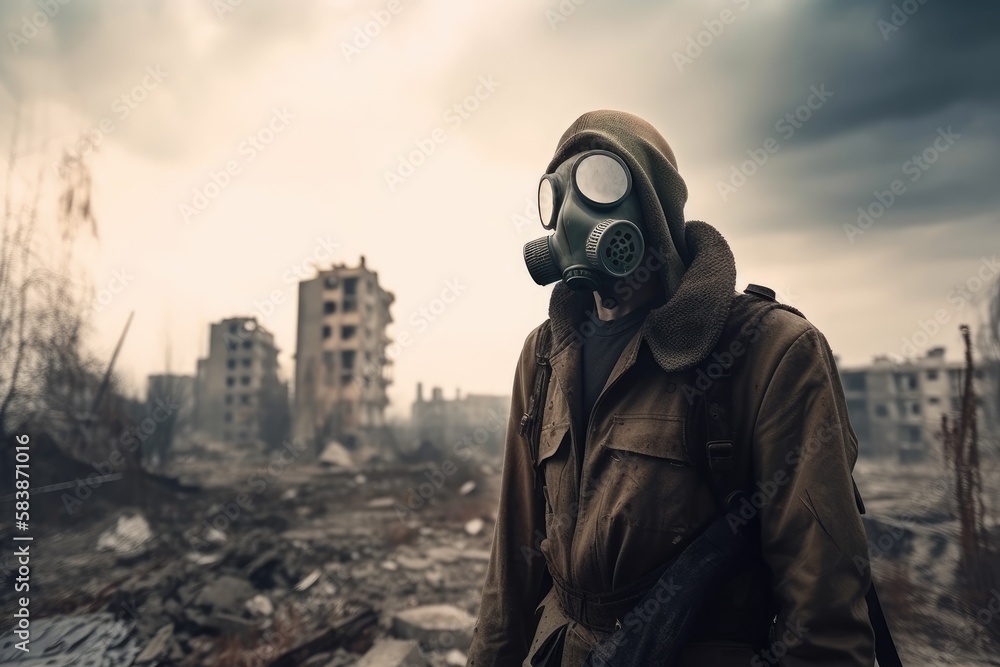 Man with gas mask in polluted industrial landscape Generative AI Man with gas mask in polluted industrial landscape Generative AI