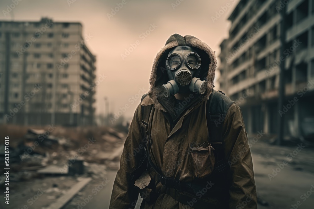Man with gas mask in polluted industrial landscape Generative AI Man with gas mask in polluted industrial landscape Generative AI
