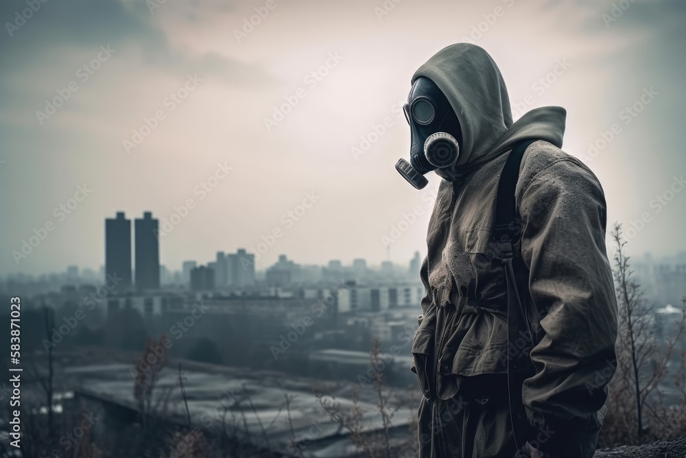 Man with gas mask in polluted industrial landscape Generative AI Man with gas mask in polluted industrial landscape Generative AI