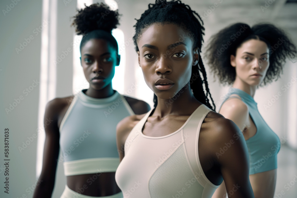 Large group of black young women training in gym standing strongly with smart pose. posing for portrait, sportswear and winning attitude. Illustration. Genreative AI