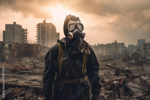 Man with gas mask in polluted industrial landscape Generative AI