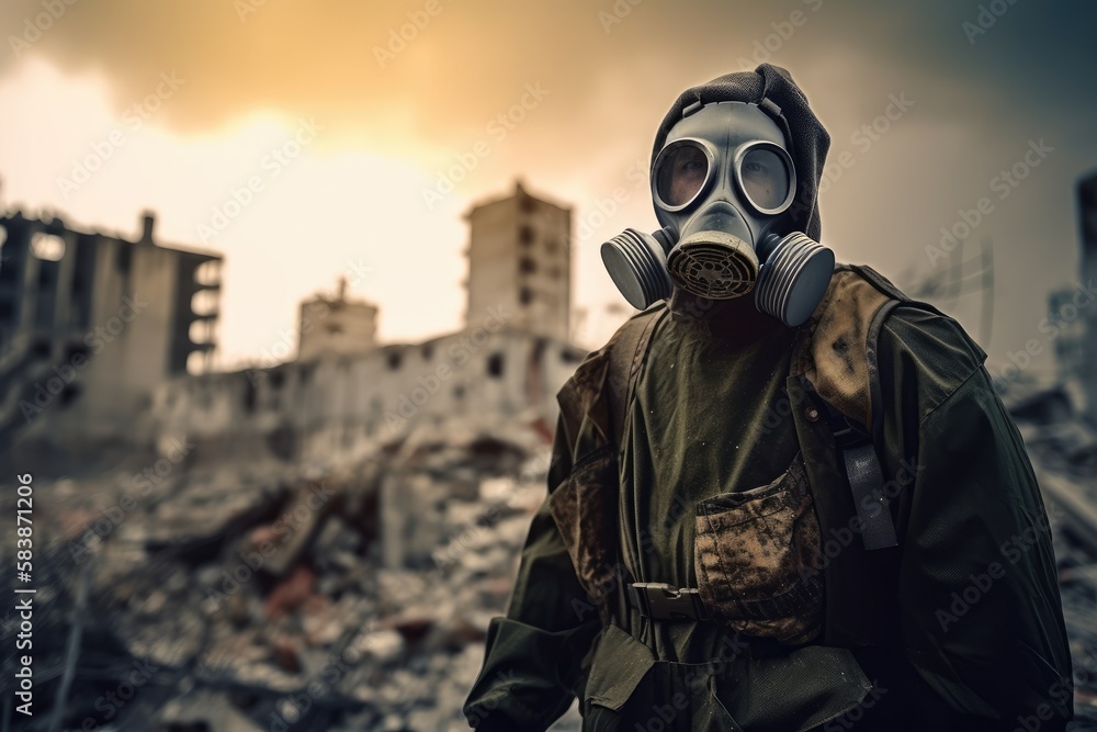 Man with gas mask in polluted industrial landscape Generative AI Man with gas mask in polluted industrial landscape Generative AI