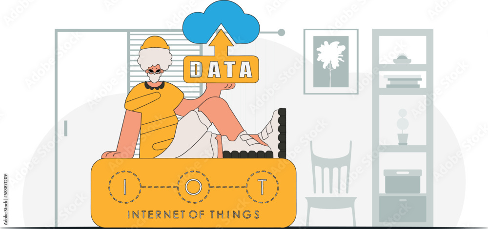 Fototapeta premium illustrationA man displaying a cloud storage device, in a modern character style vector illustration.