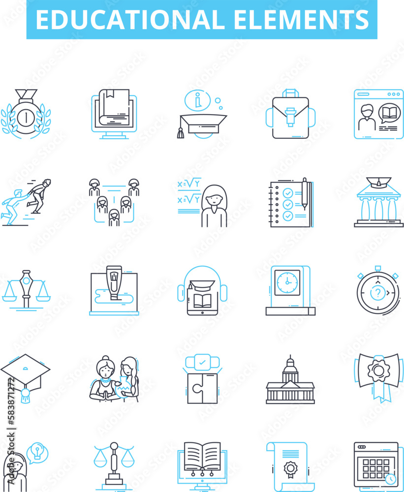 Educational elements vector line icons set. learning, instruction, knowledge, curriculum, skill, course, assessment illustration outline concept symbols and signs