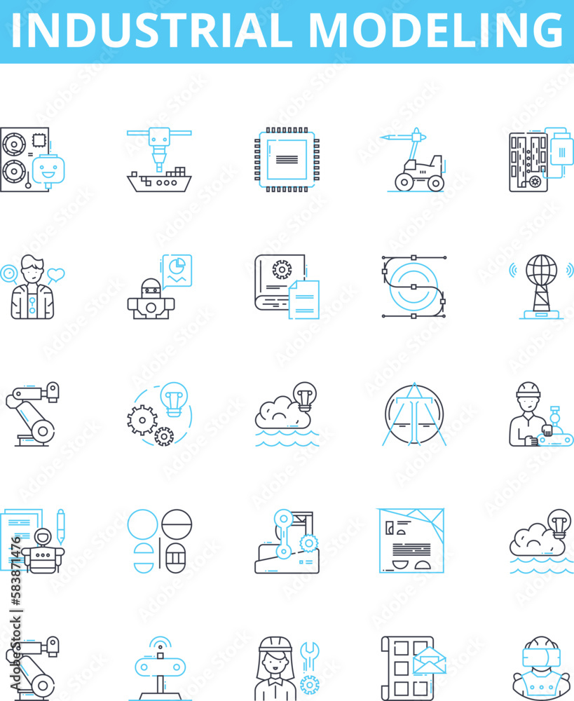 industrial modeling vector line icons set. Industrial, Modeling, Manufacturing, Process, Factory, Simulation, Analysis illustration outline concept symbols and signs