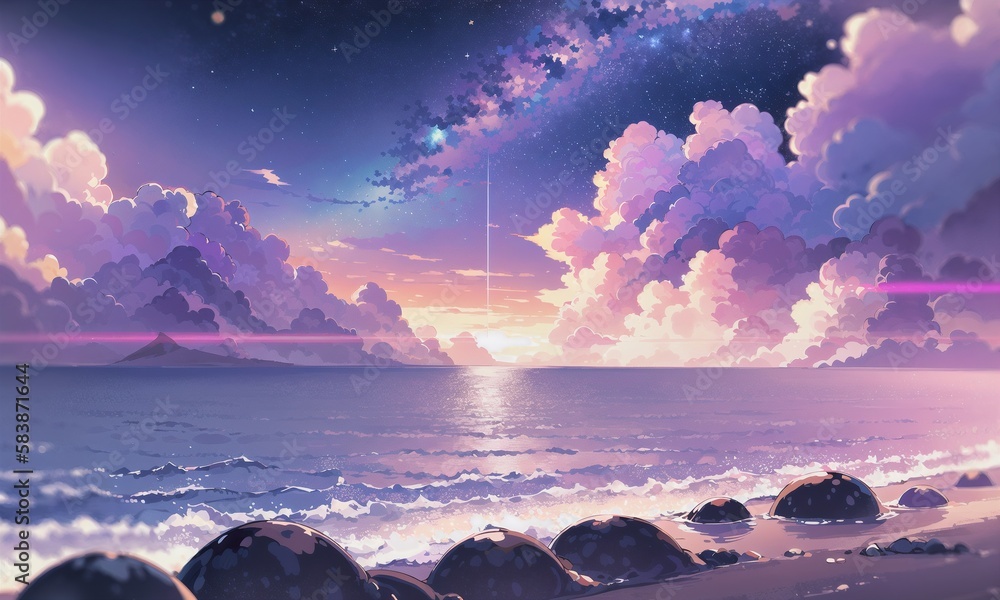 anime, sunrise over the sea, sunset over the ocean, night, stars, clouds, galaxy, beach, landscape. generative ai, generative, ai anime, sunrise over the sea, sunset over the ocean, night, stars, clouds, galaxy, beach, landscape. generative ai, generative, ai