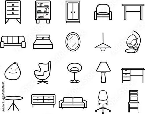 furniture set line icons pack household items for home. Chair, table, home, office furnishings vector outline icons