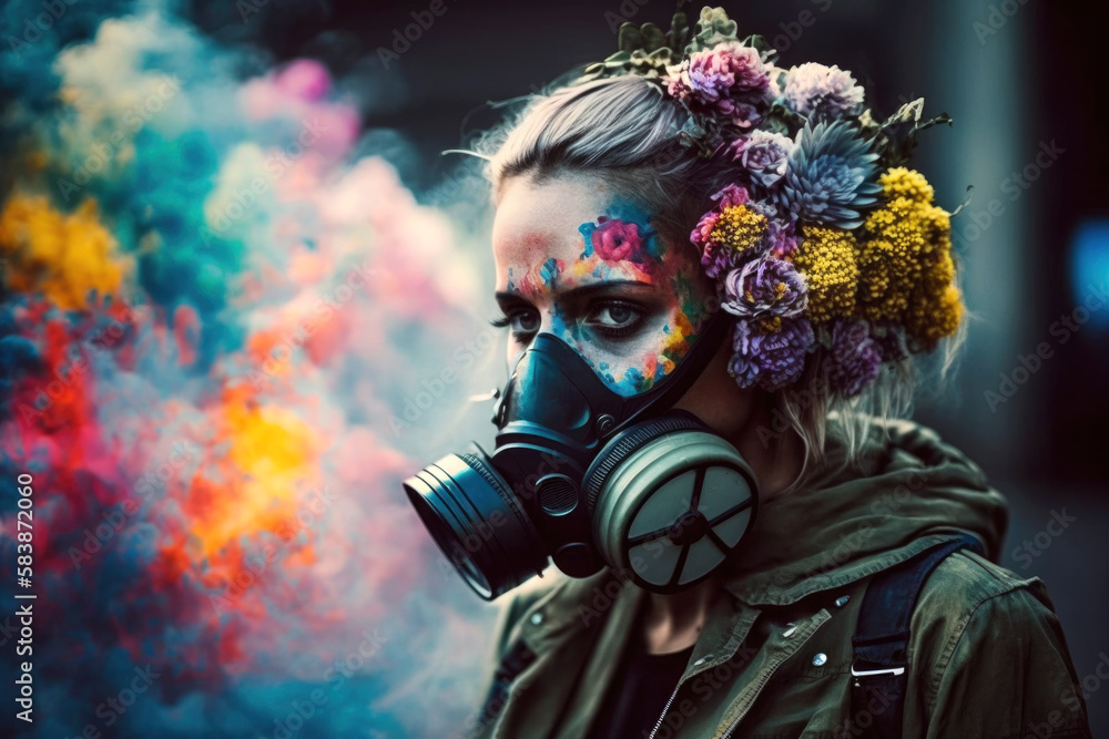 Young girl allergic to pollen in an anti-gas mask in the city with flowers on her head. Seasonal allergy and asthma concept.  Illustration. Generative AI