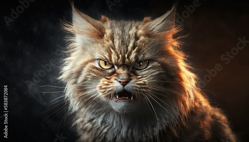 Hissing angry cat portrait. Agressive growling cat or feline. Ai generated