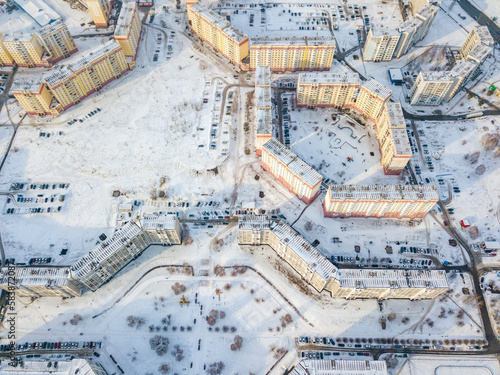 Novokuznetsk city district in winter from a bird's-eye view