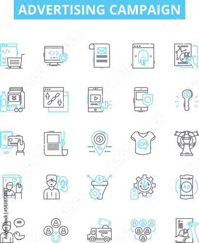 Advertising campaign vector line icons set. Ads, Campaign, Advertising, Promotion, Strategize, Design, Media illustration outline concept symbols and signs