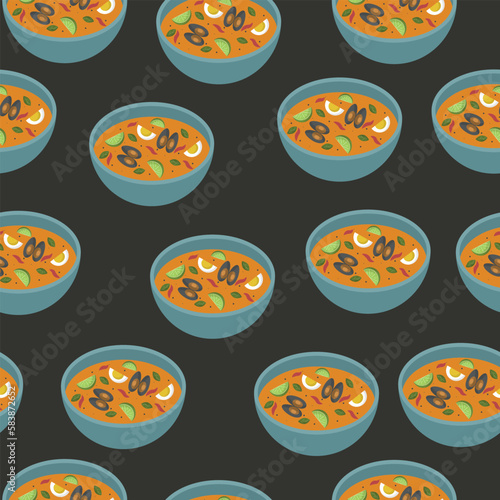 Seamless pattern of tom yam. Asian soup illustration