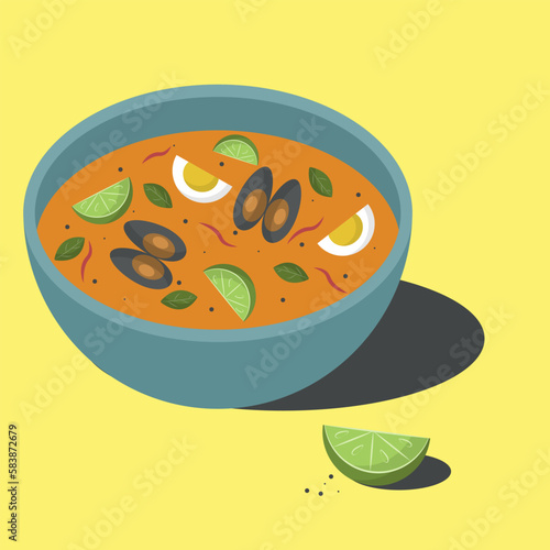 Tom yam with oysters. Illustration of Asian food