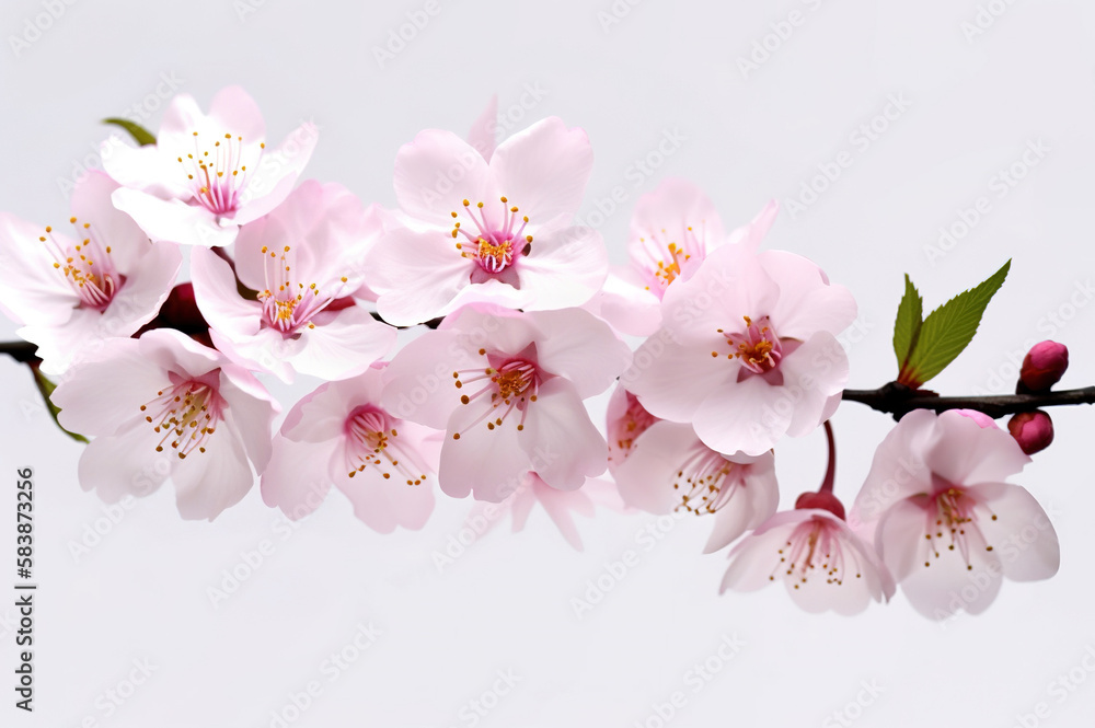 A close-up of a flowering cherry blossom branch with pink petals. Generative AI.