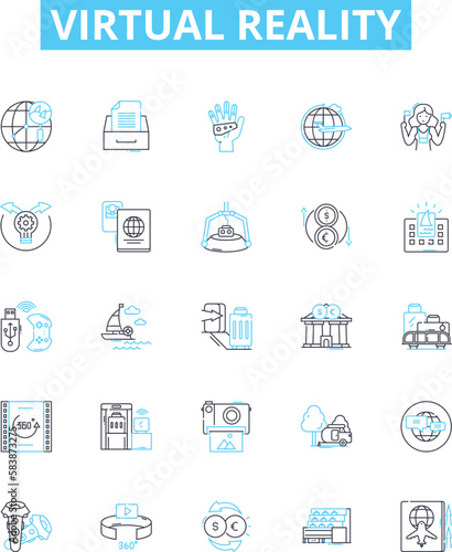 Virtual reality vector line icons set. Virtual, Reality, VR, Lucid, Dreaming, Augmented, Simulation illustration outline concept symbols and signs