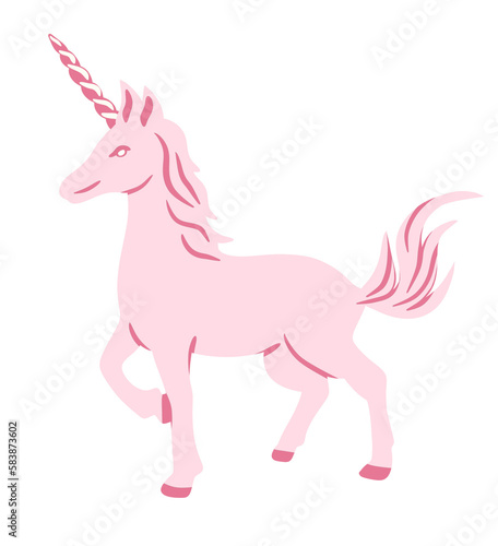 Hand drawn illustration of pink unicorn. Pastel mythological horse creature n cartoon girly style for kids nursery decor, cute kawaii animal, simple fairy tale art. © Marina Lahereva
