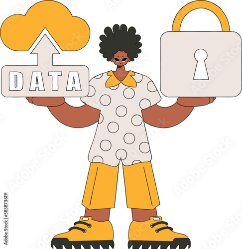 Vector modern style character cloud storage and padlock.