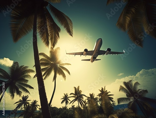 plane fly above tropic island, color grade, Ai generated. © Fotostockerspb