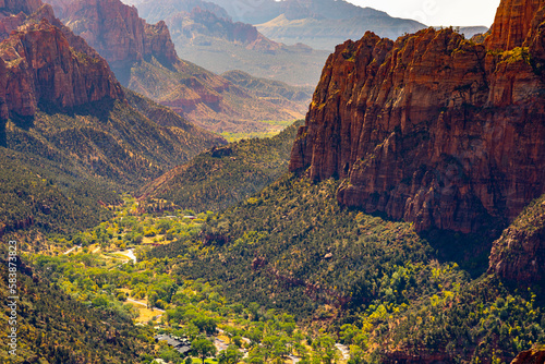 Zion Canyon taken from Angels Landing on sunny day, Zion National Park, Utah photo