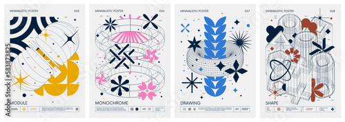 Brutalist style vector minimalistic Posters with strange wireframes graphic assets of geometrical shapes and silhouette basic figures, Modern color print artwork, set 17